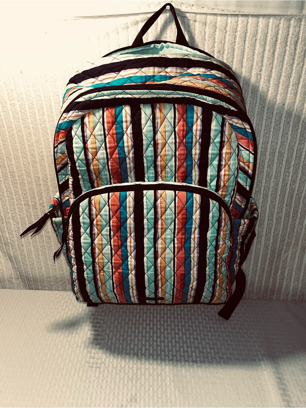 Vera Bradley Quilted Multicolor Striped Backpack Teal Coral Black